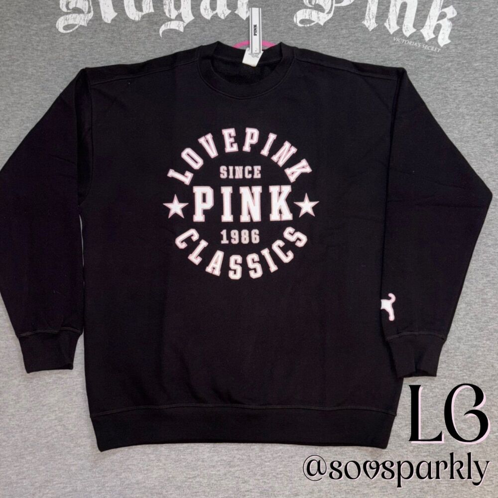 VS PINK Black Love Pink Classics 1986 Logo Ivy Fleece Crewneck Sweatshirt LG